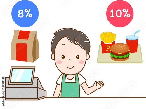 軽減税率を説明するハンバーガーショップの男性店員