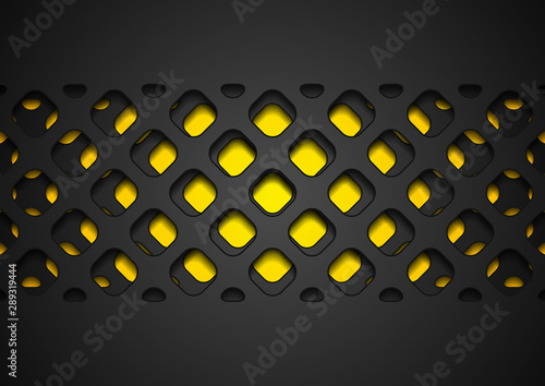 Black abstract papercut grid pattern on yellow background. Geometric corporate vector design