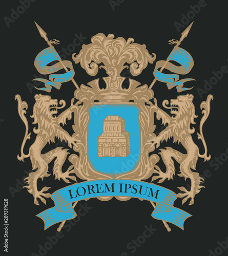 Vector heraldic Coat of arms in vintage style with knightly shield, armor, spears, crown, lions, ribbon and castle. Medieval heraldry, emblem, sign, symbol. Hand-drawn color image on black background.