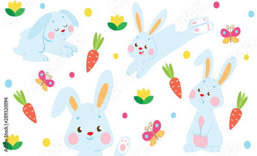 Cute baby blue bunnies pattern with carrots and butterflies.