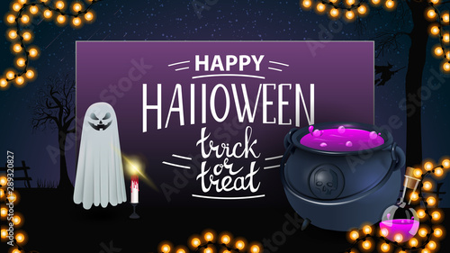 Happy Halloween, trick or treat, greeting purple card with ghost and witch's cauldron with potion