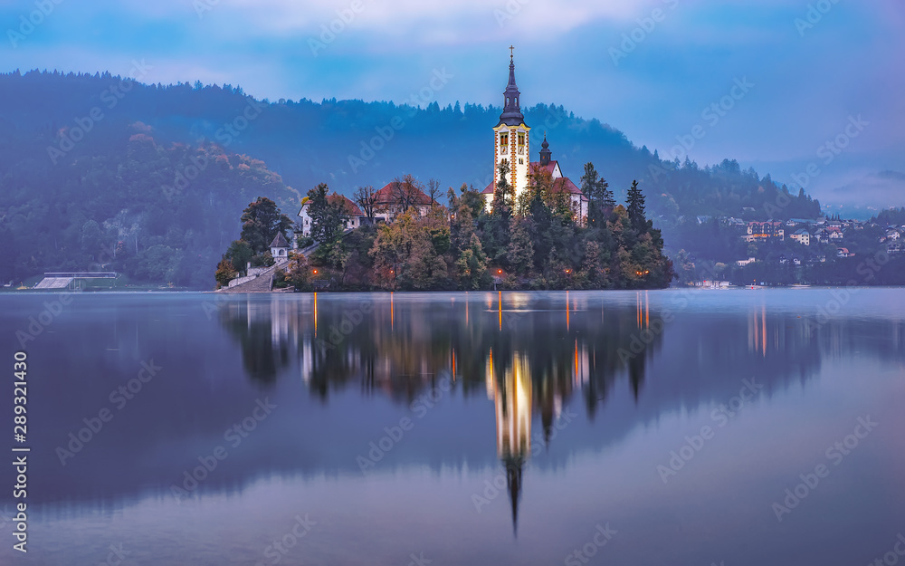 Europe, Slovenia, Bled. Church of the Assumption of Maria. Lake bled. Island.