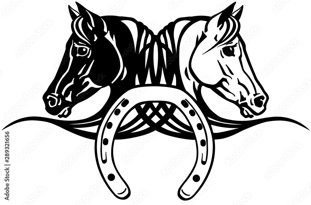 decorative heads of black and white horses in profile with horseshoe
