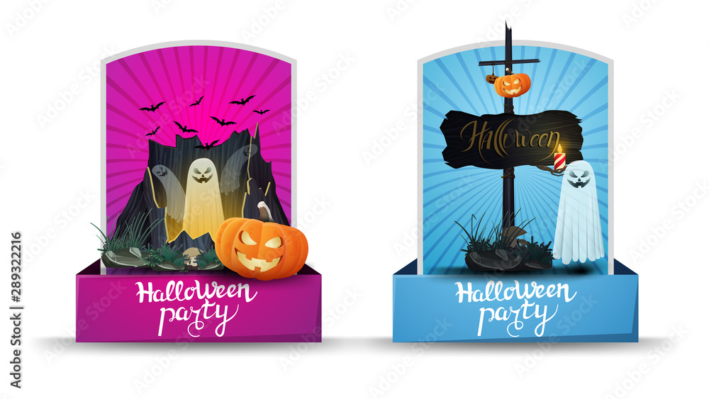Halloween party, two invitation vertical cards with portal with ghosts, pumpkin Jack and old wooden sign with attached pumpkin Jack. Pink and blue invitation cards
