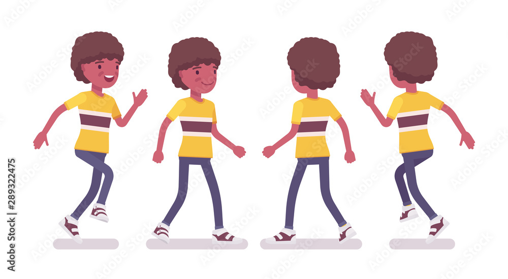 Boy child 7 to 9 years old, black active male school age kid running, walking. Schoolboy enjoying summer activity. Vector flat style cartoon illustration isolated on white background, front, rear view Boy child 7 to 9 years old, black active male school age kid running, walking. Schoolboy enjoying summer activity. Vector flat style cartoon illustration isolated on white background, front, rear view