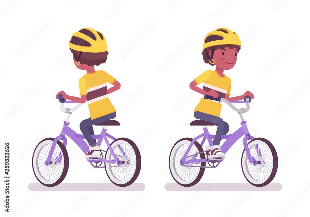 Boy child 7 to 9 year old, school age black kid riding a bicycle. Active schoolboy cyclist biking, recreation and sport activity. Vector flat style cartoon illustration isolated on white background Boy child 7 to 9 year old, school age black kid riding a bicycle. Active schoolboy cyclist biking, recreation and sport activity. Vector flat style cartoon illustration isolated on white background