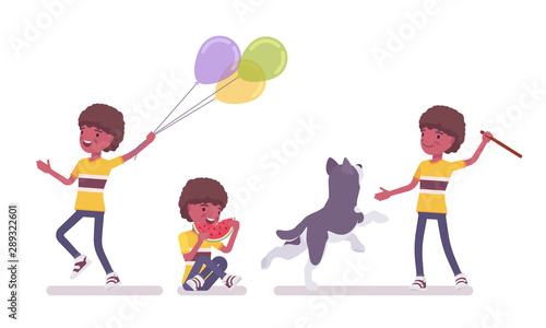 Boy child 7 to 9 years old, black male school age kid activity. Schoolboy stick throwing for dog, eating watermelon, holding balloons. Vector flat style cartoon illustration isolated, white background
