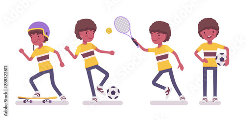 Boy child 7 to 9 year old, black male school age kid sport activity. Happy strong schoolboy playing football, tennis, skateboarding. Vector flat style cartoon illustration isolated on white background