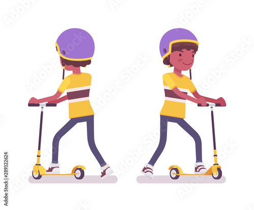 Boy child 7 to 9 years old, school age black kid riding a kick scooter. Active schoolboy pushing a sport vehicle. Vector flat style cartoon illustration isolated on white background, front, rear view