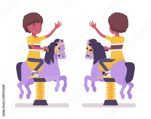 Boy child 7, 9 yo school age black kid at horse spring rider. Schoolboy enjoys bouncy pony fun, entertainment playing on playground. Vector flat style cartoon illustration isolated, white background