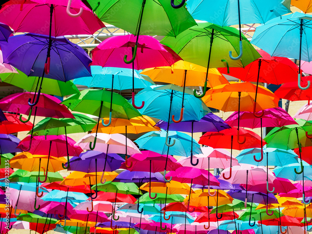 Colorful umbrellas used as shade cover over park