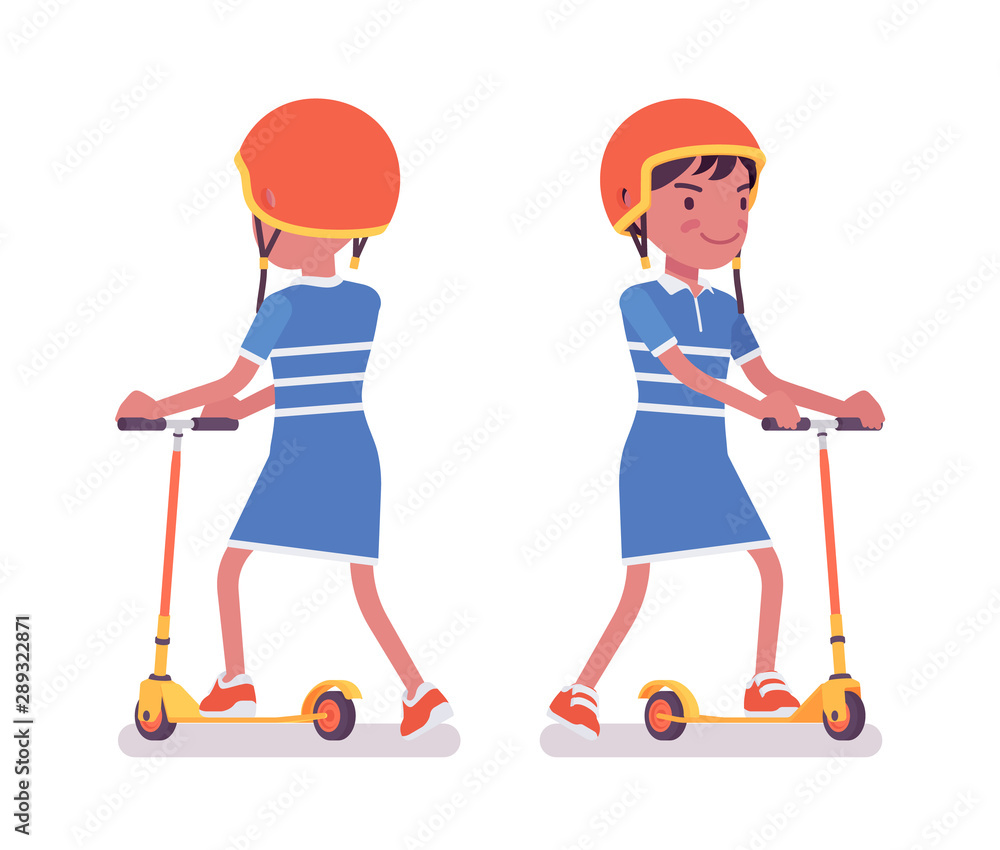 Girl child 7, 9 year old, school age black kid riding kick scooter. Active schoolgirl enjoys pushing sport vehicle. Vector flat style cartoon illustration isolated, white background, front, rear view