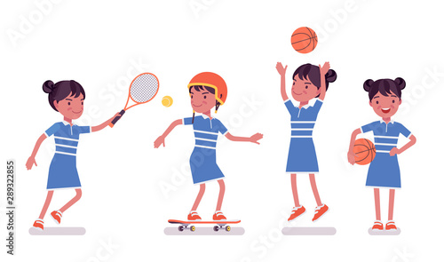 Girl child 7, 9 years old, female black school kid sport activity. Happy schoolgirl playing basketball, tennis game, skateboarding. Vector flat style cartoon illustration isolated on white background