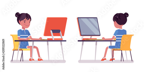 Girl child 7, 9 year old, female black school age kid working at personal computer, schoolgirl in project, study. Vector flat style cartoon illustration isolated on white background, front, rear view