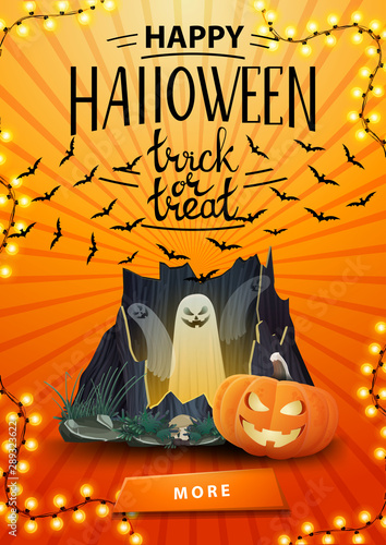 Happy Halloween, trick or treat, greeting vertical orange postcard with button, portal with ghosts and pumpkin Jack