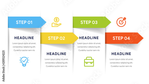 Vector paper arrows infographic, banners diagram, labels graph, stickers presentation chart. Business concept with 4 options, parts, steps, processes. Slide template.