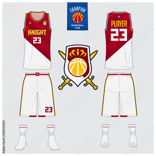 Basketball uniform mockup template design for basketball club. Tank top t-shirt mockup for basketball jersey. Front view, back view basketball shirt. Flat sport logo design. Vector Illustration.