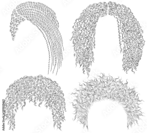 set of  different dreadlocks cornrows  .round, disheveled,  curly hairs . fashion beauty african style . fringe  pencil drawing sketch .