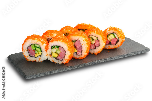 Sushi Rolls with tuna, avocado, flying fish caviar and cucumber inside isolated on white background.