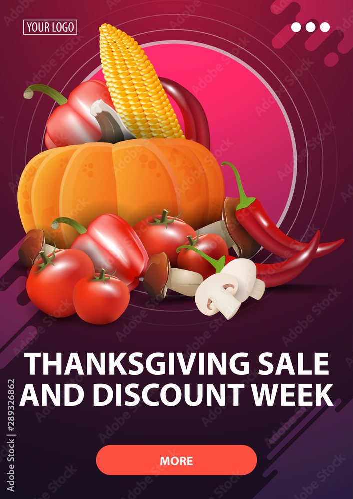 Thanksgiving sale and discount week, pink vertical discount web banner with autumn harvest Thanksgiving sale and discount week, pink vertical discount web banner with autumn harvest