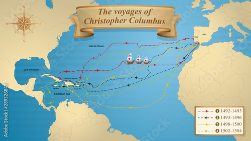 The voyages of Christopher Columbus. Map with the marked routes of the 4 trips of Columbus on a blue background adorned with a compass. Vector image photo