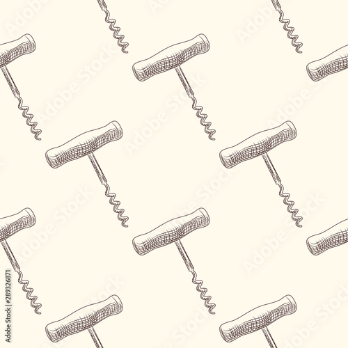 Hand drawn corkscrew seamless pattern. Engraving style. Design for fabric, vintage packaging, wrapping paper. Vector illustration