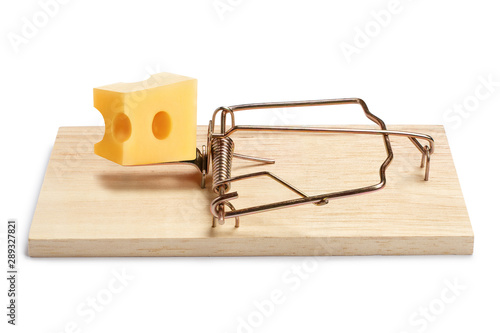 Wooden mouse trap with a piece of cheese, isolated on white background