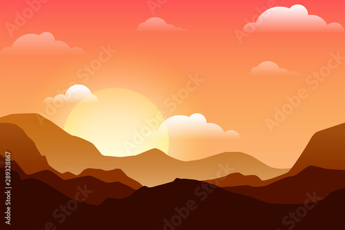 Background of mountains, hills at sunset. Beautiful nature