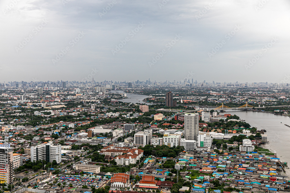 Nonthaburi ,Thailand. -AUG 07, 2019 Top view of city and Chao Phraya River and Nonthaburi Bridge. Location in Nonthaburi province, Thailand