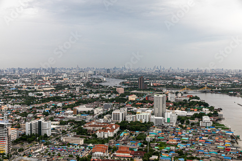 Nonthaburi ,Thailand. -AUG 07, 2019 Top view of city and Chao Phraya River and Nonthaburi Bridge. Location in Nonthaburi province, Thailand © kowitstockphoto
