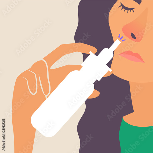 Girl with a runny nose. Treatment of a runny nose spray. Allergy. Vector editable illustration