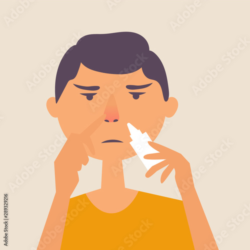 A guy with a runny nose. Treatment of a runny nose spray. Allergy. Vector editable illustration