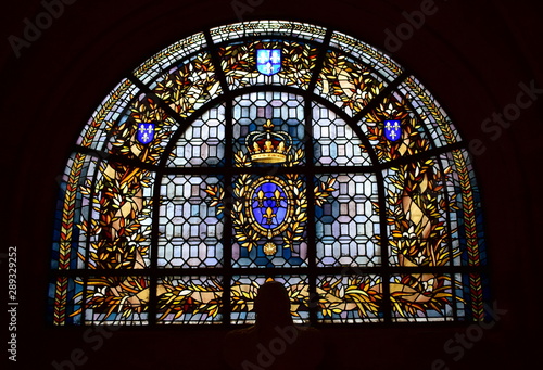 House of Bourbon coat of arms. Stained glass window at Saint Denis Basilica. Paris, France.