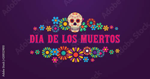 Dia De Los Muertos banner skull decorated with colorful flowers, mexican event, Fiesta, party poster, holiday greeting card