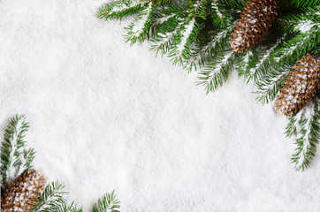 Christmas background, green pine branches, cones on snow background. Creative composition with border and copy space, top view. New Year's, holiday, christmas, decoration.