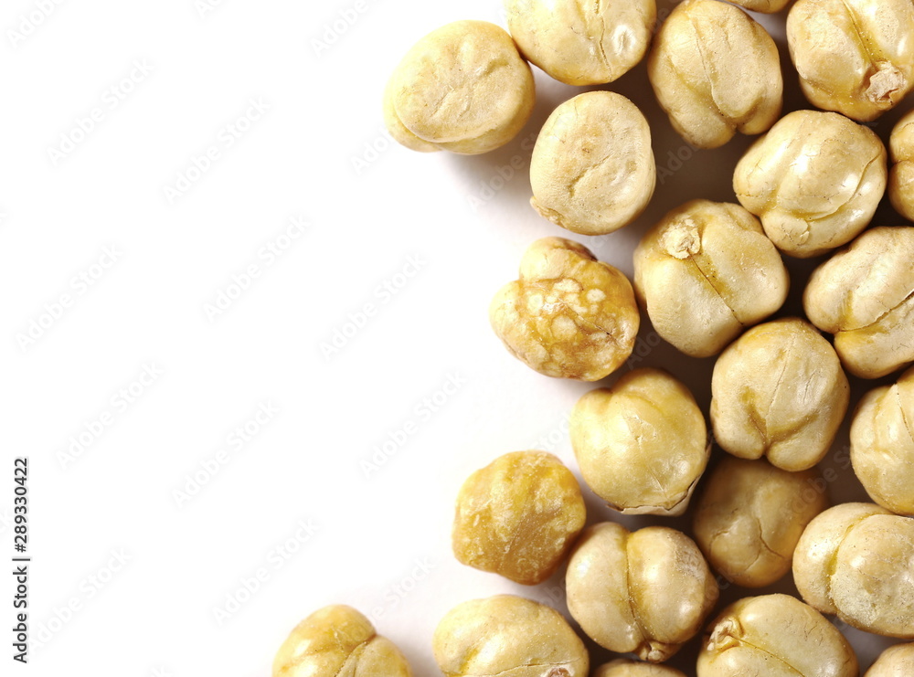 Chickpeas macro isolated on white background, top view