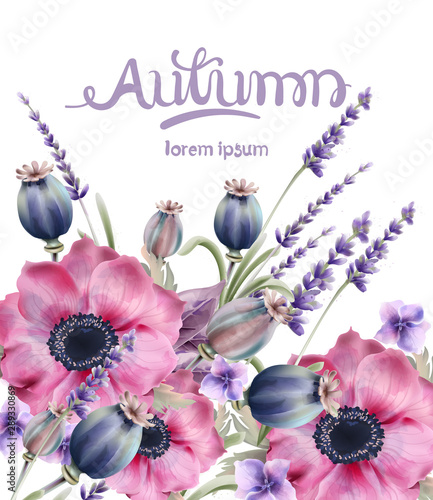 Wild forest flowers bouquet card vector watercolor. Isolated background. Prov...