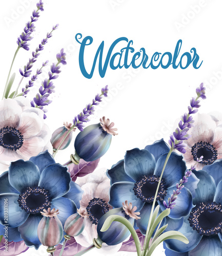 Wild forest flowers bouquet card vector watercolor. Isolated background. Prov...