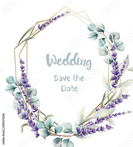 Lavender wreath wedding card vector watercolor. Isolated background. Provence...
