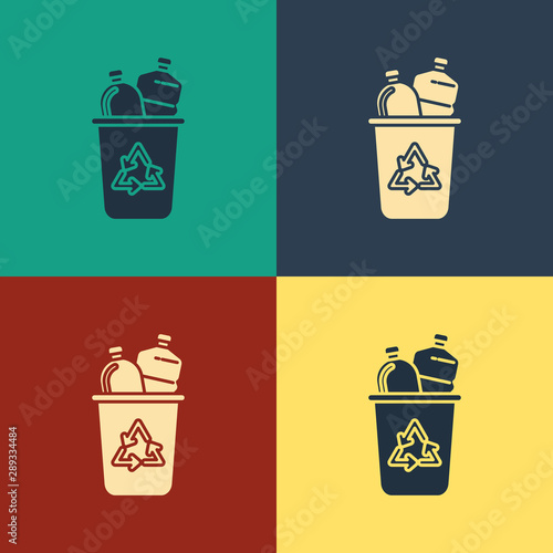 Color Recycle bin with recycle symbol icon isolated on color background. Trash can icon. Garbage bin sign. Recycle basket sign. Vintage style drawing. Vector Illustration