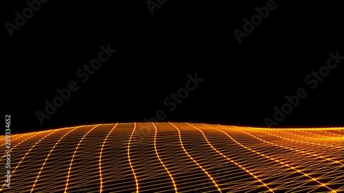 Futuristic flying intro 3D render plexus orange waving terrain abstract technology background -  moving dots and lines network connection structure in black space background