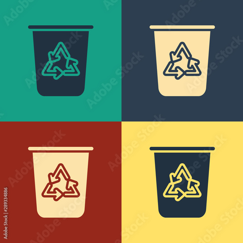 Color Recycle bin with recycle symbol icon isolated on color background. Trash can icon. Garbage bin sign. Recycle basket sign. Vintage style drawing. Vector Illustration