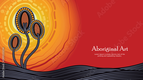 Aboriginal dot art vector banner with text, Nature concept