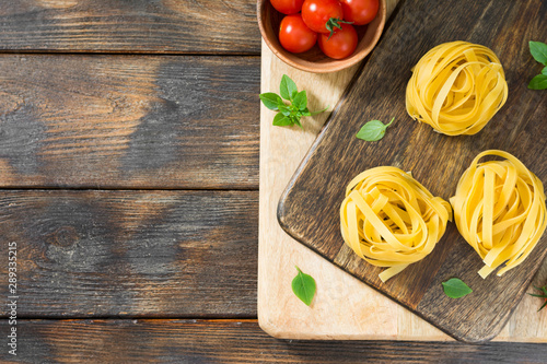Pasta on a wooden Board. Pasta nests