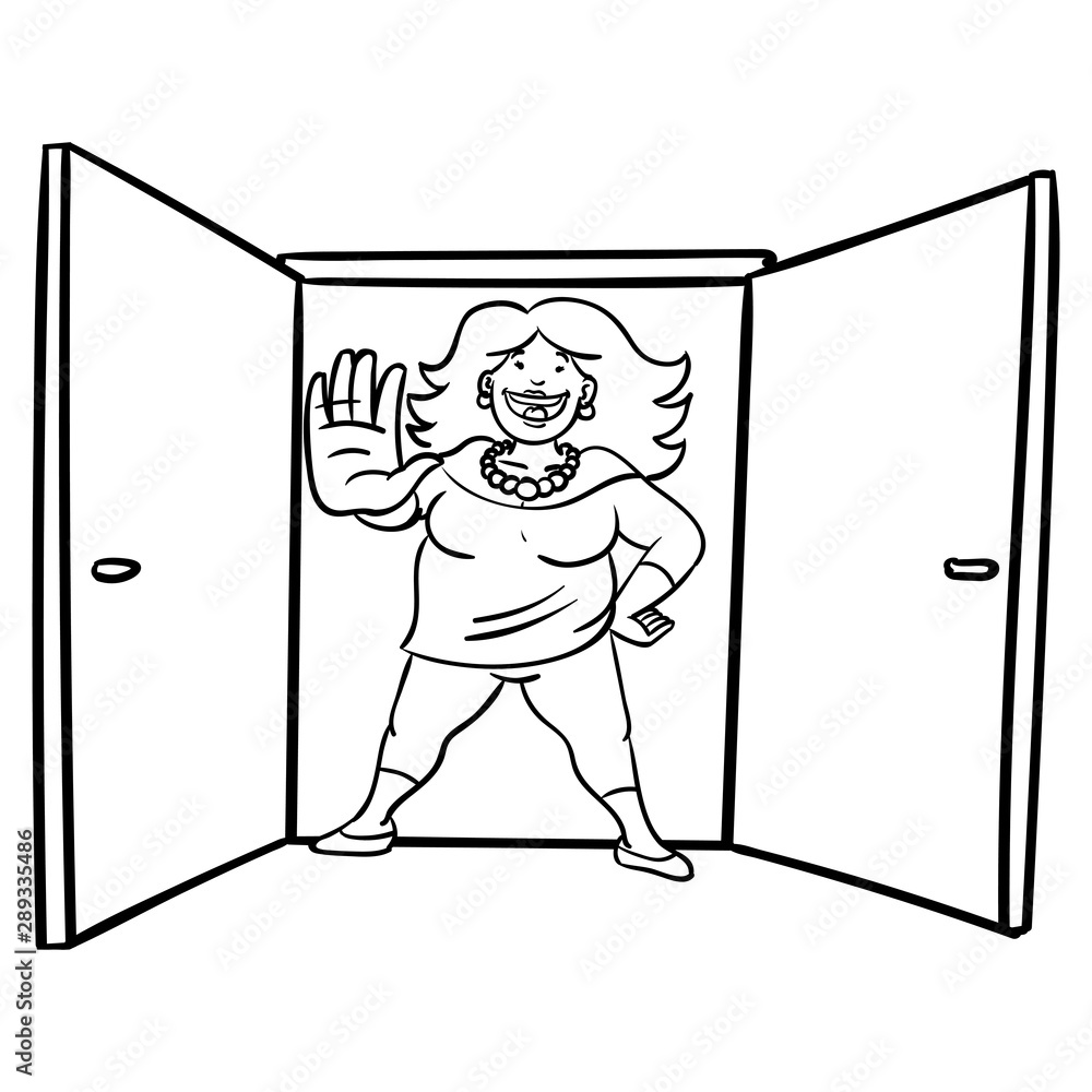 Big Bouncer Woman Standing In Front Of An Open Door And Holding Up Her Hand Stop Distance No Entry Vip Comic Illustration Vector Stock Vector Adobe Stock
