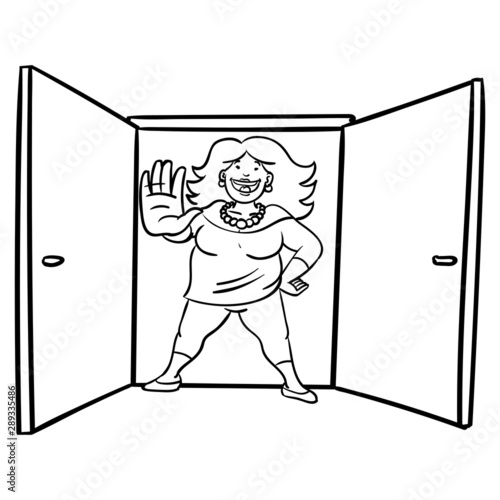 Big bouncer woman standing in front of an open door and holding up her hand. stop, distance, no entry, vip, comic illustration, vector.