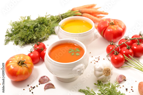 carrot soup and tomato soup with ingredients