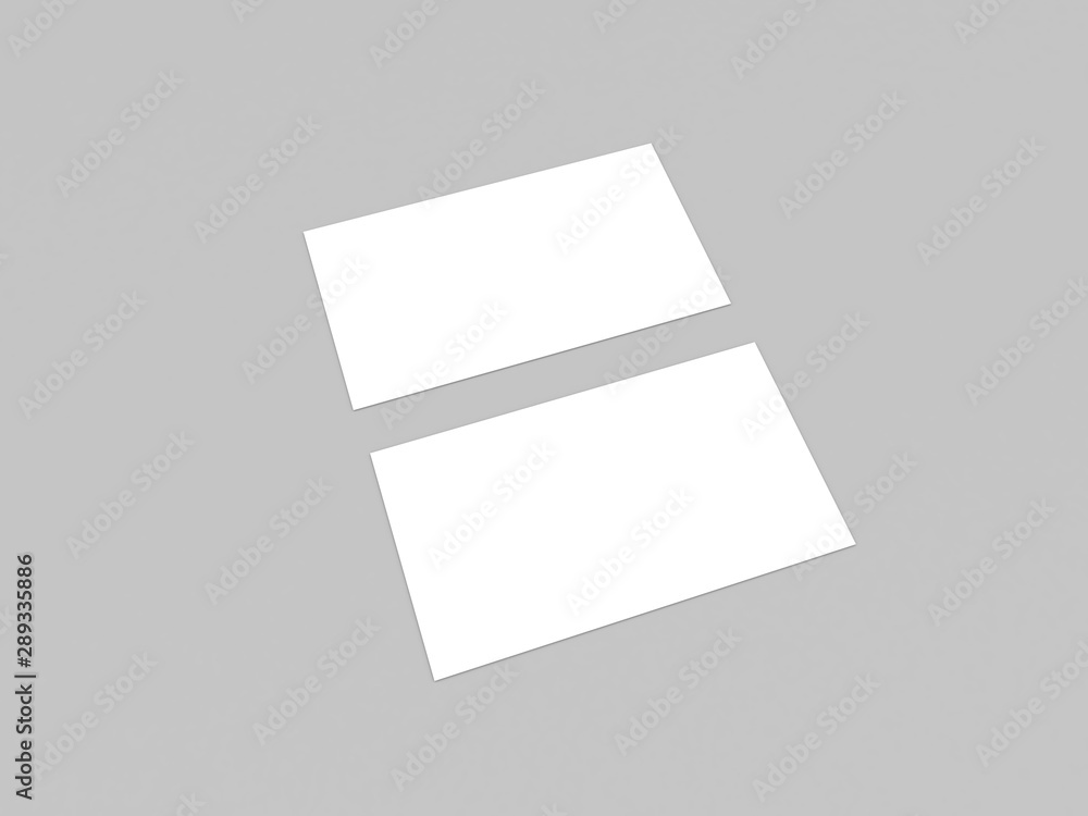 Two white business cards mock up on gray background. 3d render illustration. Two white business cards mock up on gray background. 3d render illustration.
