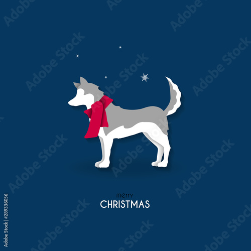 Christmas greeting card in paper cut style. Siberian husky on deep blue.