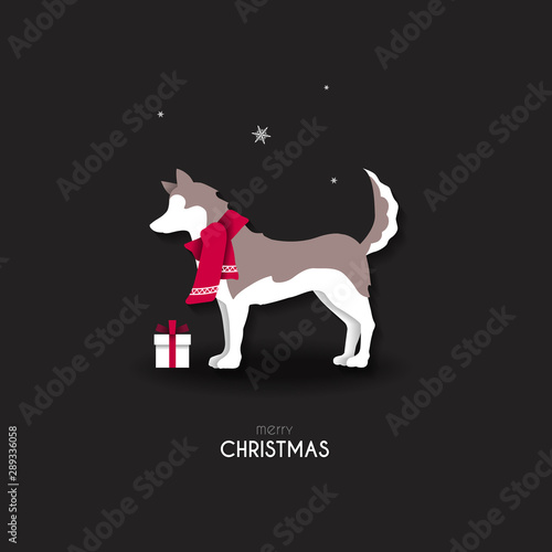 Christmas greeting card in paper cut style. Siberian husky on brown background.